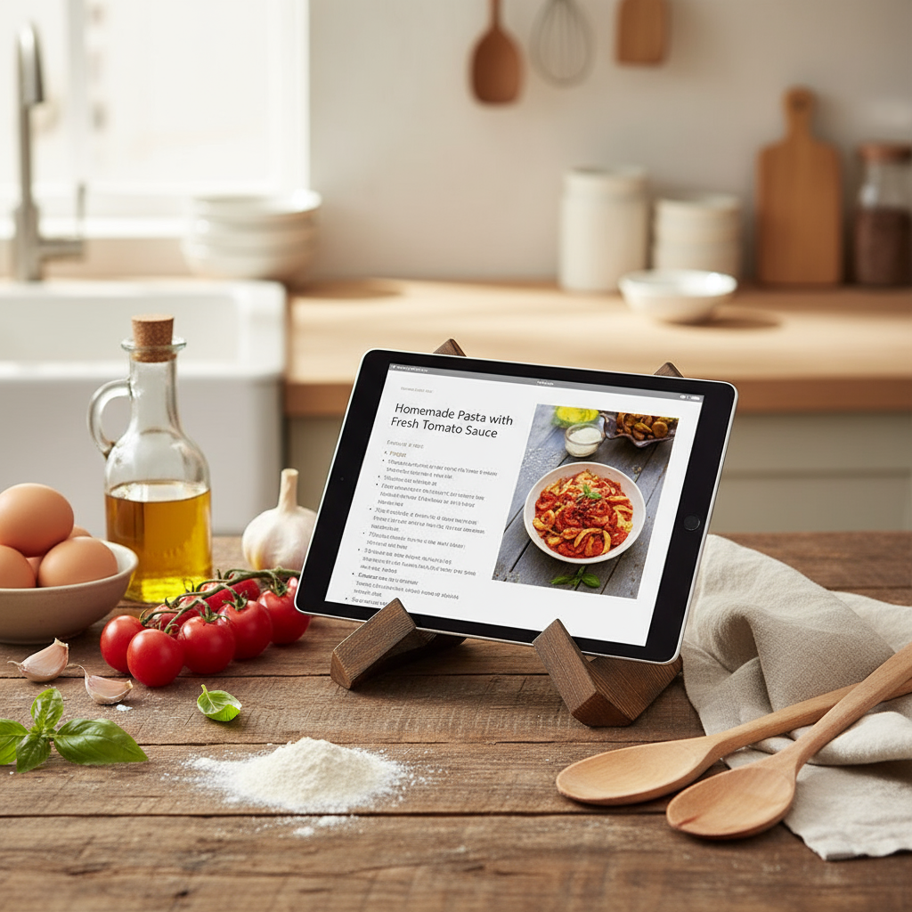 Tablet in houder met ingrediënten