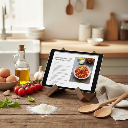 Tablet in houder met ingrediënten